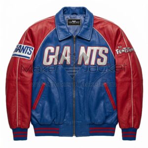 Front view of New York Giants Flintstones Leather Bomber Jacket featuring a large "GIANTS" patch across the chest and a "The Flintstones" logo on the left sleeve.