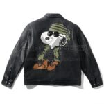 Back view of Peanuts Guard Dog Black Leather Jacket featuring large embroidered patch of Snoopy wearing sunglasses, a green camo head bandana, and brown boots.