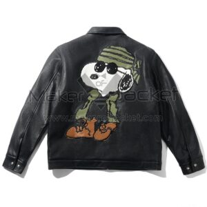 Back view of Peanuts Guard Dog Black Leather Jacket featuring large embroidered patch of Snoopy wearing sunglasses, a green camo head bandana, and brown boots.