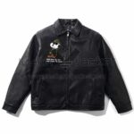 Front view of Peanuts Guard Dog Black Leather Jacket featuring a shirt style collar, front zipper, and an embroidered Snoopy wearing sunglasses and a green camo hat on the chest.with Maker Of Jacket brand label