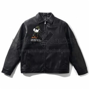 Front view of Peanuts Guard Dog Black Leather Jacket featuring a shirt style collar, front zipper, and an embroidered Snoopy wearing sunglasses and a green camo hat on the chest.with Maker Of Jacket brand label