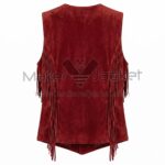 Back view of Red Fringe Suede Leather Vest featuring fringe along the armholes and side seams, featuring a clean, unseamed back panel.
