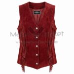 Front view of Red Fringe Suede Leather Vest fringe along the sides,V-neckline, five silver snap buttons, and a pointed hemline with MAKER OF JACKET brand label.