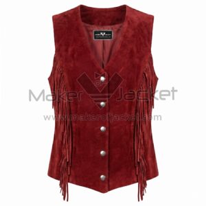 Front view of Red Fringe Suede Leather Vest fringe along the sides,V-neckline, five silver snap buttons, and a pointed hemline with MAKER OF JACKET brand label.