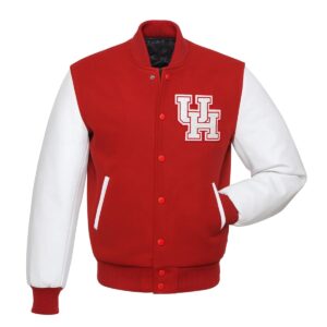 Red and white Houston Cougars varsity jacket with wool body, leather sleeves, snap-button closure, rib-knitted cuffs and Cougars logo on chest.