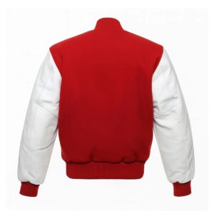 Red and white Houston Cougars varsity jacket back view with wool and leather design, rib-knitted hem, and classic sporty varsity style.