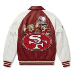 Back view of Hanna San Francisco 49ers Flintstones Leather Bomber Jacket featuring large San Francisco 49ers logo patch featuring Fred Flintstone and Barney Rubble.