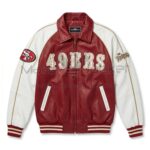 Front view of San Francisco 49ers Flintstones Leather Bomber Jacket featuring a large "49ERS" patch across the chest and a San Francisco 49ers logo on the right sleeve.