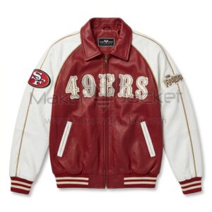 Front view of San Francisco 49ers Flintstones Leather Bomber Jacket featuring a large "49ERS" patch across the chest and a San Francisco 49ers logo on the right sleeve.