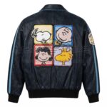 Back view of Vintage Snoopy Gang Navy Leather Jacket featuring four square panels of Snoopy, Charlie Brown, Lucy, and Woodstock.