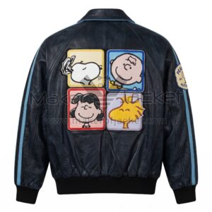 Back view of Vintage Snoopy Gang Navy Leather Jacket featuring four square panels of Snoopy, Charlie Brown, Lucy, and Woodstock.