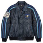 Front view of Vintage Snoopy Gang Navy Leather Jacket featuring blue racing stripes on the sleeves, a standard collar, and embroidered Snoopy and Charlie Brown sports patches with Maker Of Jacket brand label