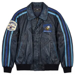 Front view of Vintage Snoopy Gang Navy Leather Jacket featuring blue racing stripes on the sleeves, a standard collar, and embroidered Snoopy and Charlie Brown sports patches with Maker Of Jacket brand label