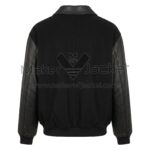Back view of Snoopy Peanuts Tug of War Black Varsity Jacket featuring wool body panels, shirt style collar, leather sleeves, and rib trim cuffs and waistband