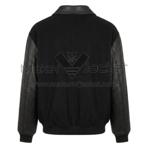 Back view of Snoopy Peanuts Tug of War Black Varsity Jacket featuring wool body panels, shirt style collar, leather sleeves, and rib trim cuffs and waistband