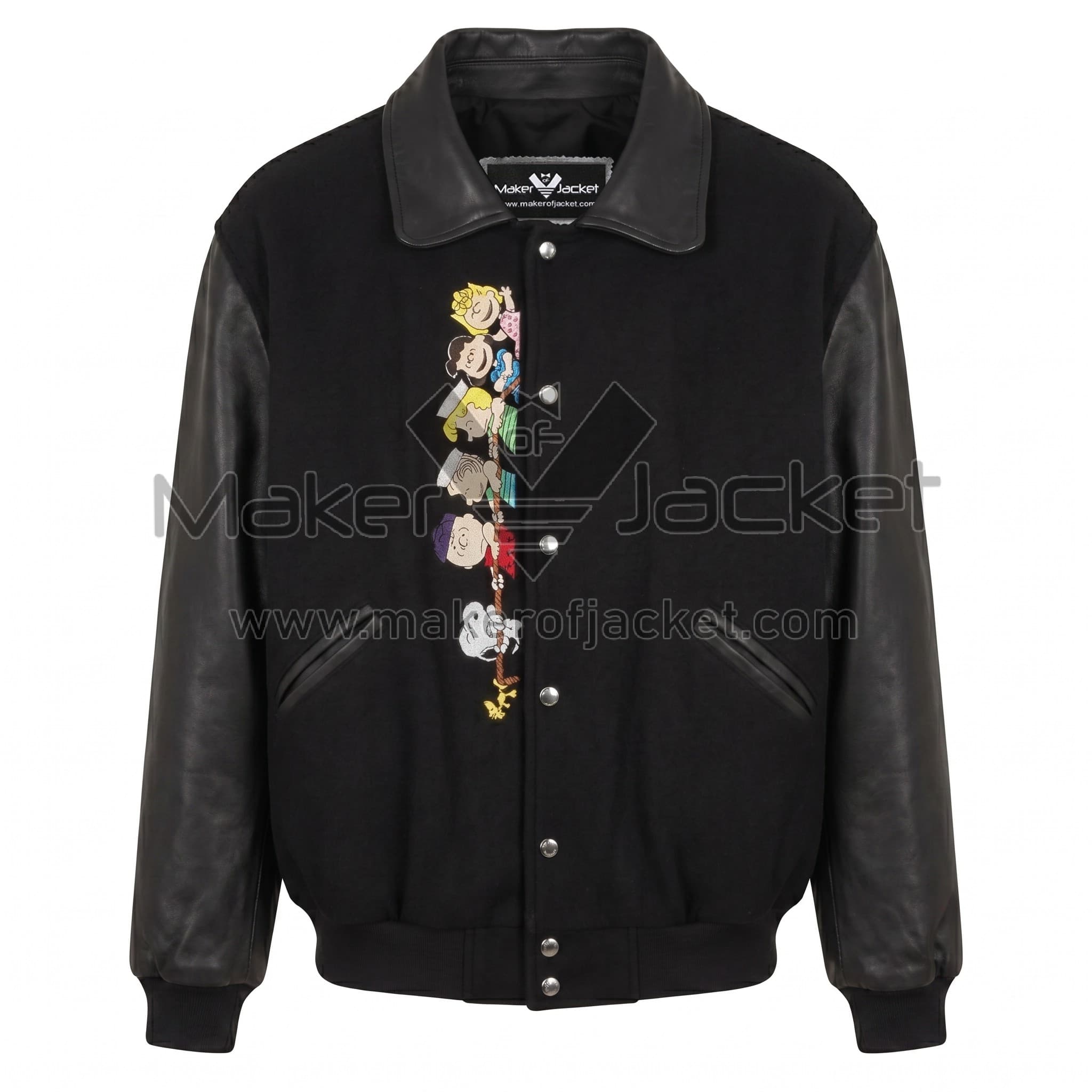 Snoopy Peanuts Tug of War Varsity Jacket Front Front view of Snoopy Peanuts Tug of War Black Varsity Jacket featuring a snap-button front closure, and a vertical embroidery of stacked Peanuts characters next to the buttons with Maker Of Jacket brand label