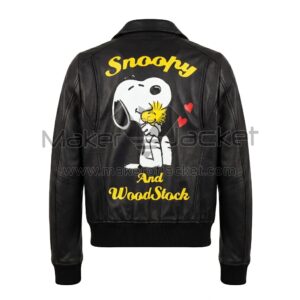 Back view of Snoopy Woodstock Black Bomber Leather Jacket featuring a large graphic of Snoopy hugging Woodstock, framed by yellow script and two red hearts.
