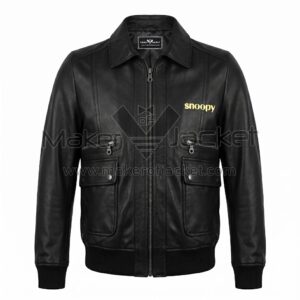 Front view of Snoopy Woodstock Black Bomber Leather Jacket featuring standard collar, utility pockets, ribbed cuffs, and yellow "snoopy" text embroidered on the left chest with Maker Of Jacket brand label.