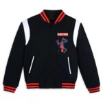 Spider Man Sense black and white wool varsity jacket front view with Spider Sense chest patch, rib knitted collar, cuffs, and YKK zipper closure.