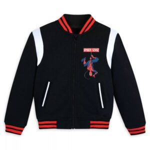 Spider Man Sense black and white wool varsity jacket front view with Spider Sense chest patch, rib knitted collar, cuffs, and YKK zipper closure.