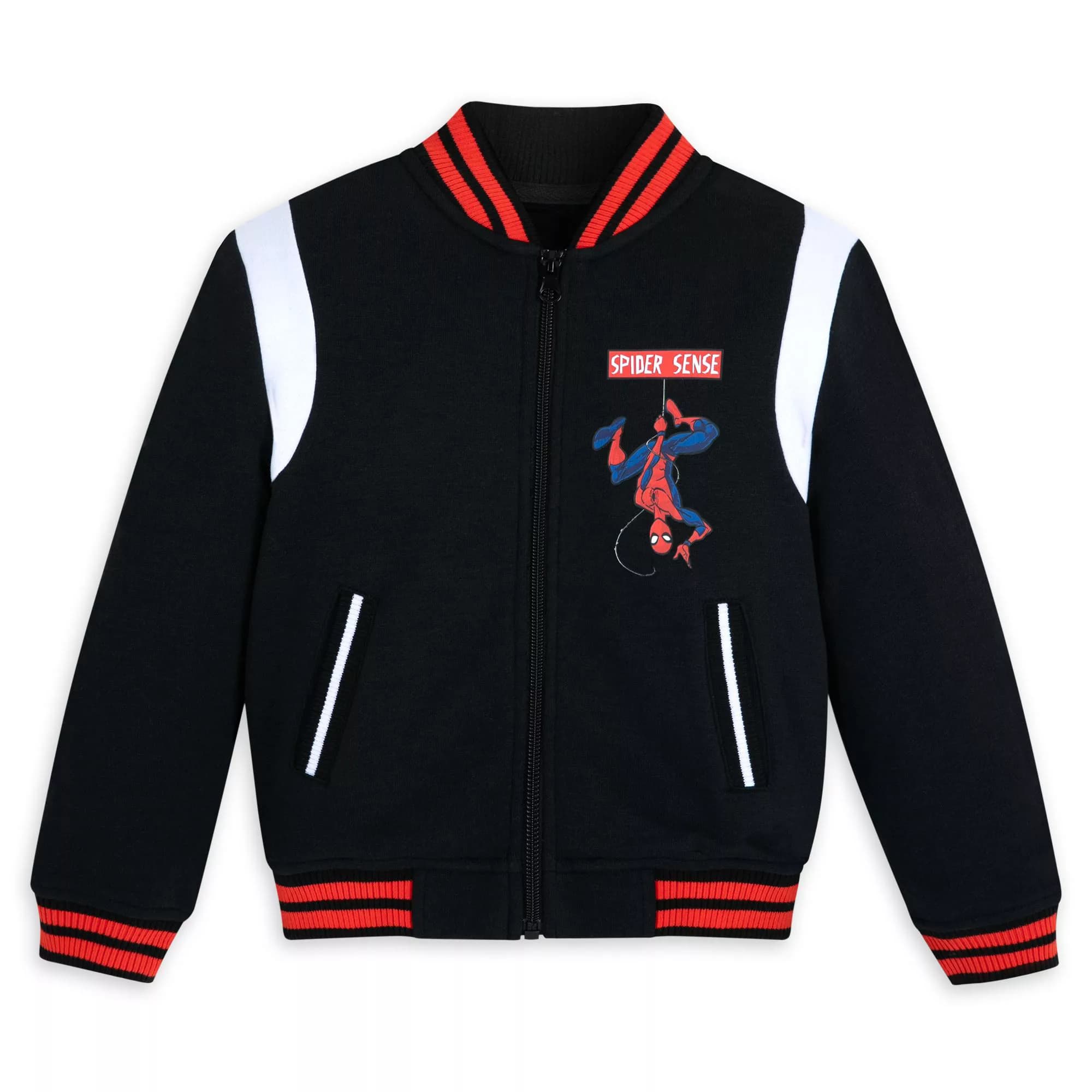 Spider-Man-Sense-Black-White-Wool-Varsity-Jacket-1 Spider Man Sense black and white wool varsity jacket front view with Spider Sense chest patch, rib knitted collar, cuffs, and YKK zipper closure.