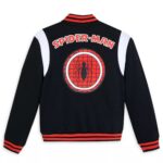 Spider Man Sense black and white wool varsity jacket back view with large Spider-Man circle logo patch and varsity style design details.