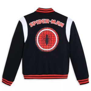 Spider Man Sense black and white wool varsity jacket back view with large Spider-Man circle logo patch and varsity style design details.