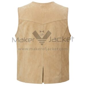 Back view of Tan Western Fringe Suede Leather Vest featuring a pointed yoke, vertical seams, a small center vent, and whipstitch trim along the edges.
