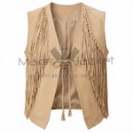 Front view of Tan Western Fringe Suede Leather Vest featuring long fringe along the front and sides, featuring a simple tie closure and whipstitch detailing on the edges.