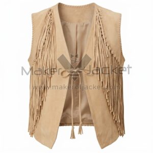 Front view of Tan Western Fringe Suede Leather Vest featuring long fringe along the front and sides, featuring a simple tie closure and whipstitch detailing on the edges.