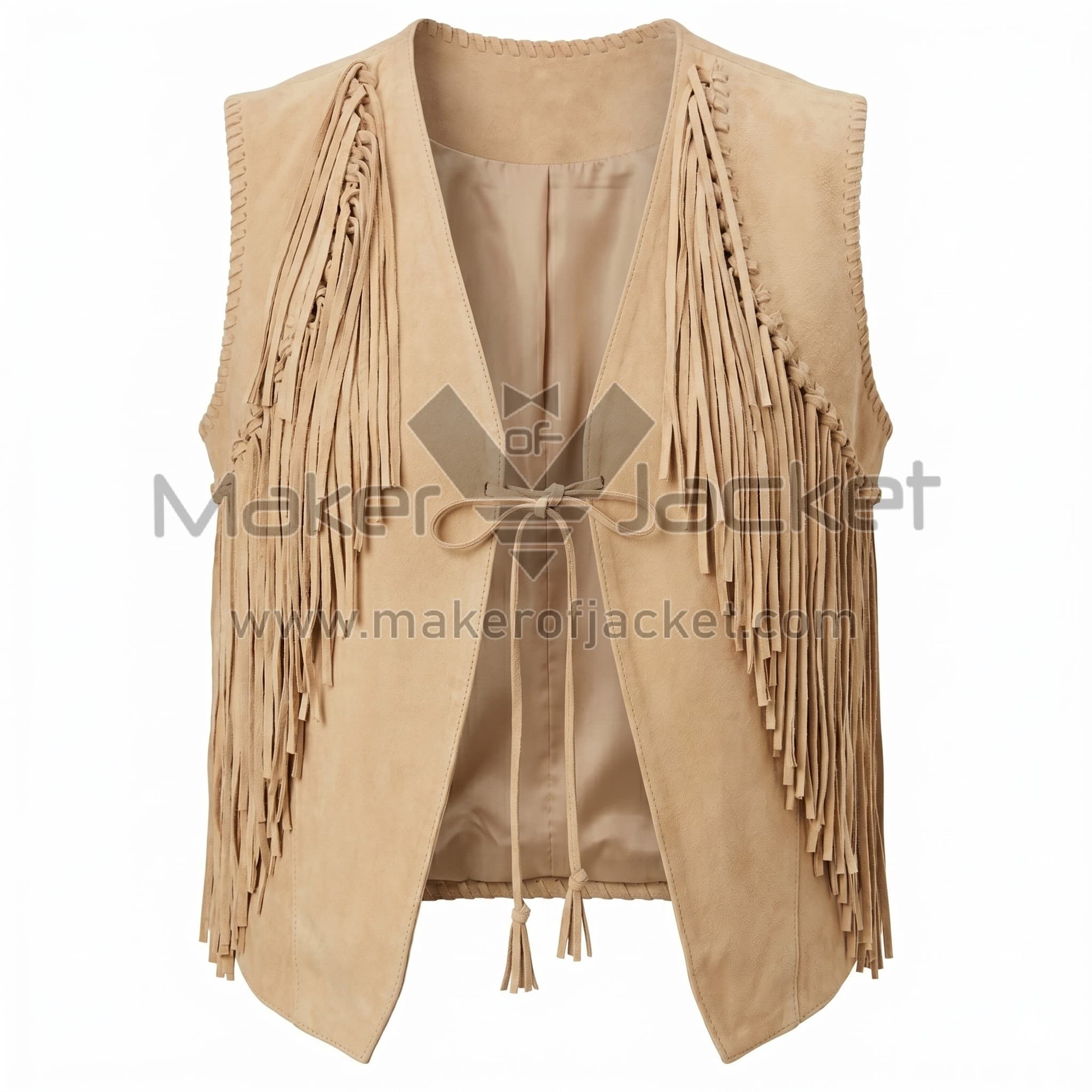 Tan Western Fringe Suede Leather Vest Front Front view of Tan Western Fringe Suede Leather Vest featuring long fringe along the front and sides, featuring a simple tie closure and whipstitch detailing on the edges.