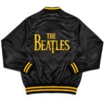 Back View of The Beatles Black Satin Jacket featuring bold THE BEATLES lettering on the back.
