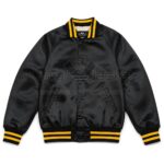 Front view of The Beatles Black Satin Jacket with rib knit collar, snap button closure, and handwarmer pockets.