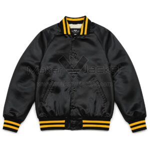 Front view of The Beatles Black Satin Jacket with rib knit collar, snap button closure, and handwarmer pockets.