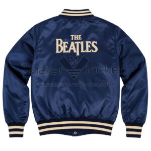 Back View of The Beatles Blue Satin Jacket featuring bold THE BEATLES lettering on the back.