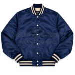 Front view of The Beatles Blue Satin Jacket with rib knit collar, snap button closure, and handwarmer pockets.