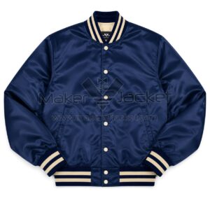 Front view of The Beatles Blue Satin Jacket with rib knit collar, snap button closure, and handwarmer pockets.