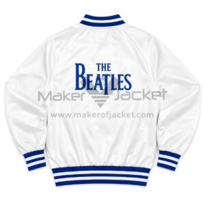 Back View of The Beatles White Satin Jacket featuring bold THE BEATLES lettering on the back.