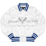 Front view of The Beatles White Satin Jacket with rib knit collar, snap button closure, and handwarmer pockets.