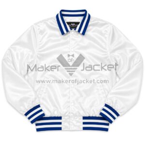 Front view of The Beatles White Satin Jacket with rib knit collar, snap button closure, and handwarmer pockets.