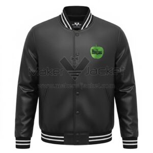 Front View Of Beatles Drop T Bomber Jacket Featuring rib knitted collar and snap button closure.
