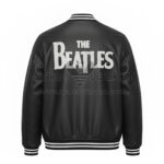 Back View Of Beatles Drop T Bomber Jacket featuring bold THE BEATLES spell design on the back.