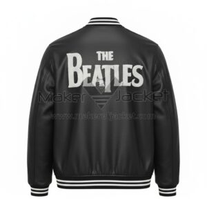 Back View Of Beatles Drop T Bomber Jacket featuring bold THE BEATLES spell design on the back.