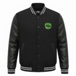 Front View Of Beatles Drop T Varsity Jacket Featuring Wool Body and Leather Sleeves.