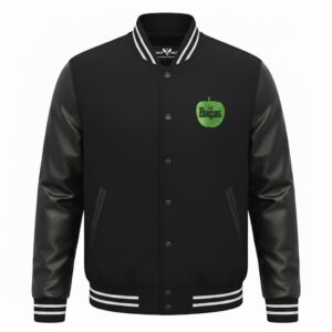 Front View Of Beatles Drop T Varsity Jacket Featuring Wool Body and Leather Sleeves.