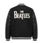 Back View Of Beatles Drop T Varsity Jacket Featuring THE BEATLES Spell Design.