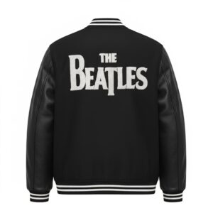 Back View Of Beatles Drop T Varsity Jacket Featuring THE BEATLES Spell Design.