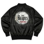 Back View Of The Beatles Rarities Satin Jacket Featuring THE BEATLES PARITIES Circle Logo.
