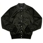 Front View Of The Beatles Rarities Satin Jacket Featuring Rib Knitted Collar and Snap Button Closure.