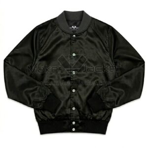 Front View Of The Beatles Rarities Satin Jacket Featuring Rib Knitted Collar and Snap Button Closure.